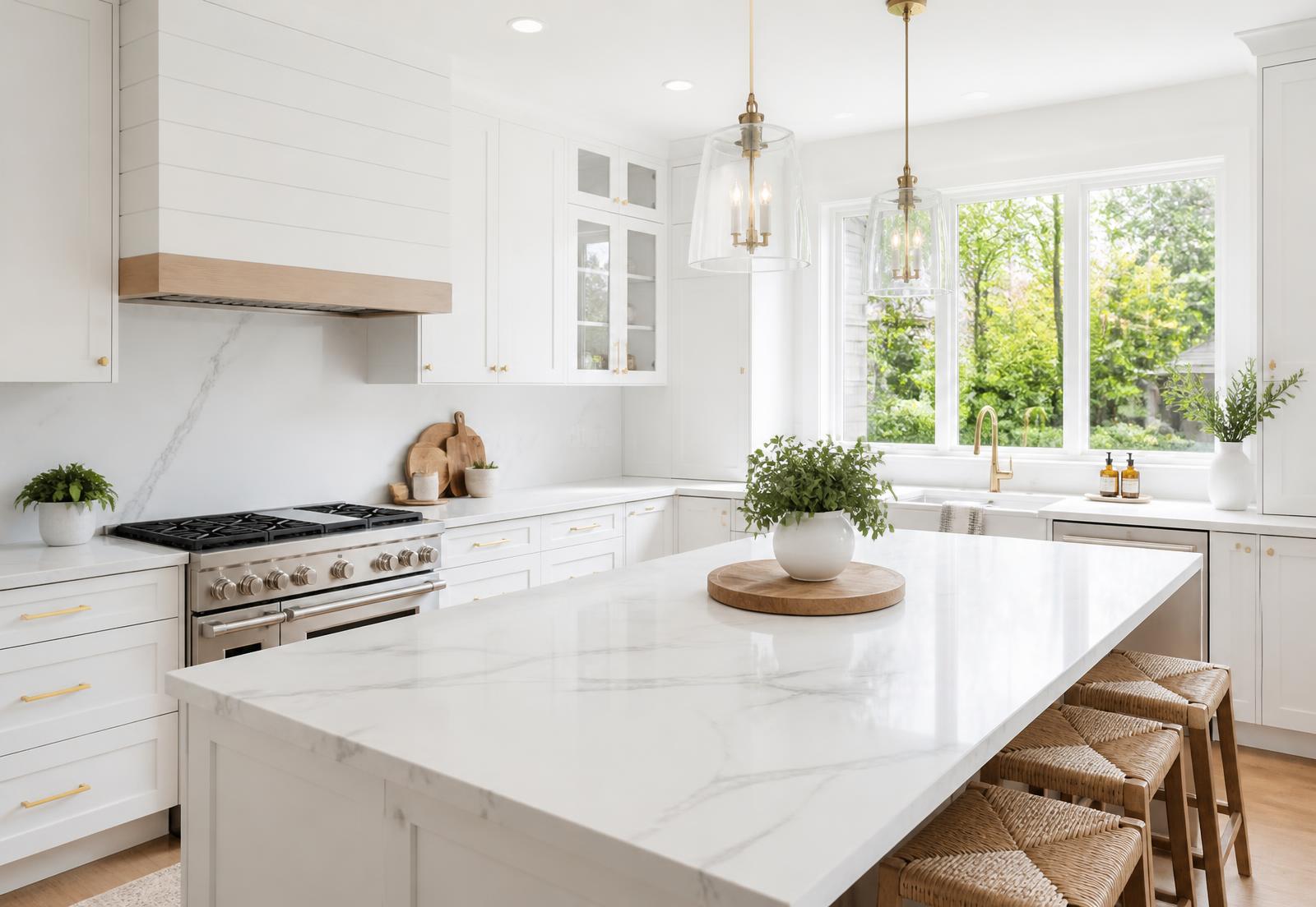 Sparkling clean white kitchen with sunlight across the counters